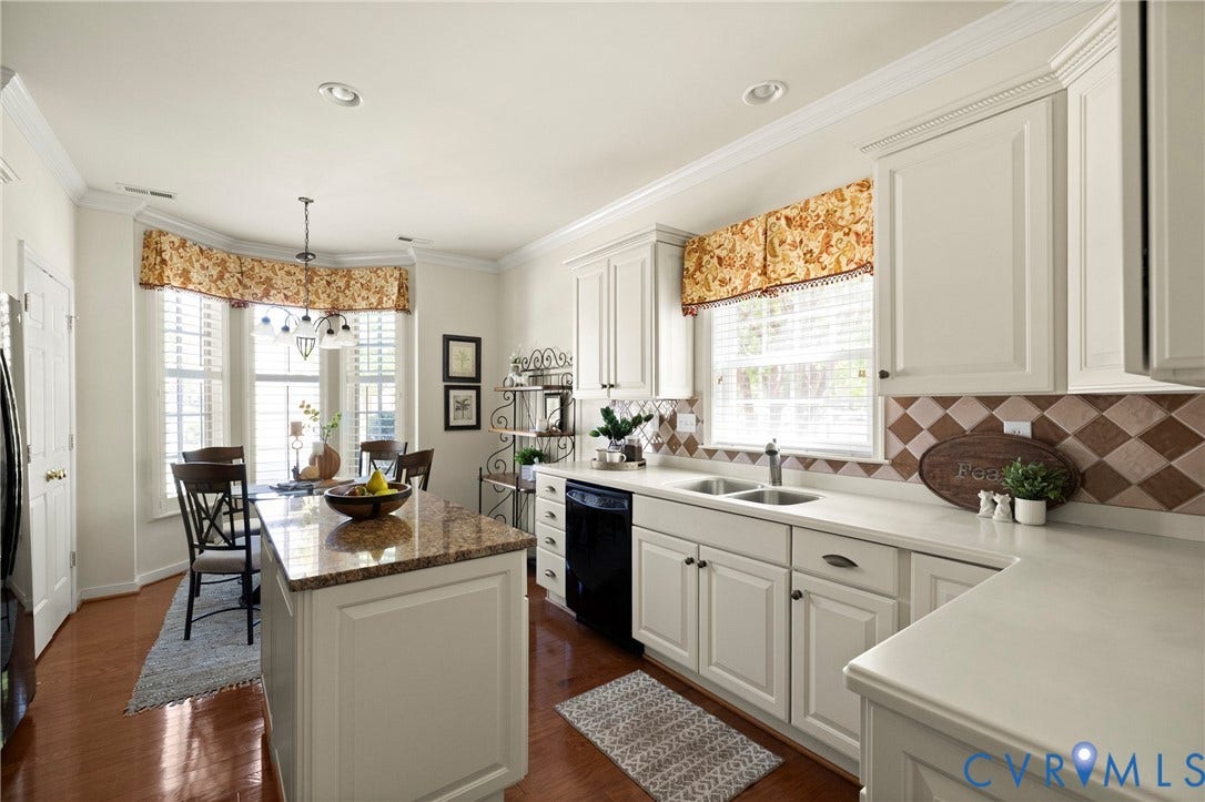 14119 Shawhan Place, Charter Colony, Midlothian, VA 23114 White cabinetry, stone countertops, dual basin sink, integrated dishwasher, and a diamond-patterned tile backsplash
