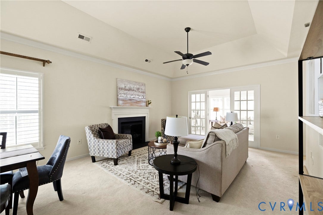14119 Shawhan Place, Charter Colony, Midlothian, VA 23114 Vaulted ceiling with a ceiling fan, fireplace with a mantel, crown molding, and French doors