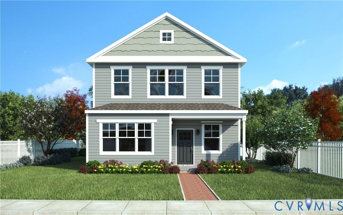 2424 Overby Bend Road, Richmond, VA 23222 Two-story residence featuring light gray siding, white trim, a dark gray front door, a brick pathway, and a surrounding white picket fence