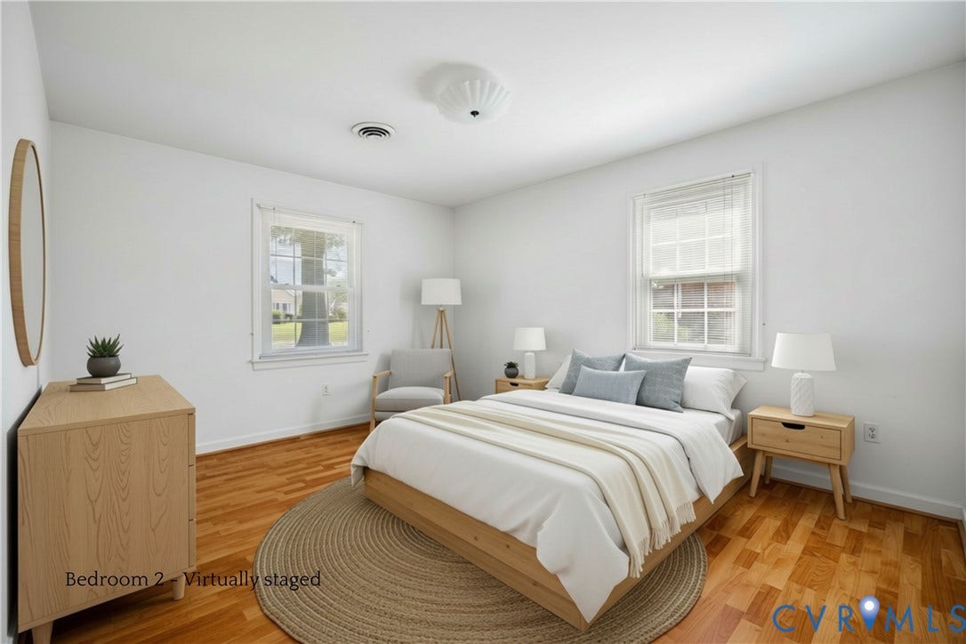 3356 Seaton Road, Petersburg, VA 23805 Bedroom 2 (virtually staged): Wood-finish flooring, 2 windows. ceiling-mounted light fixture and closet.