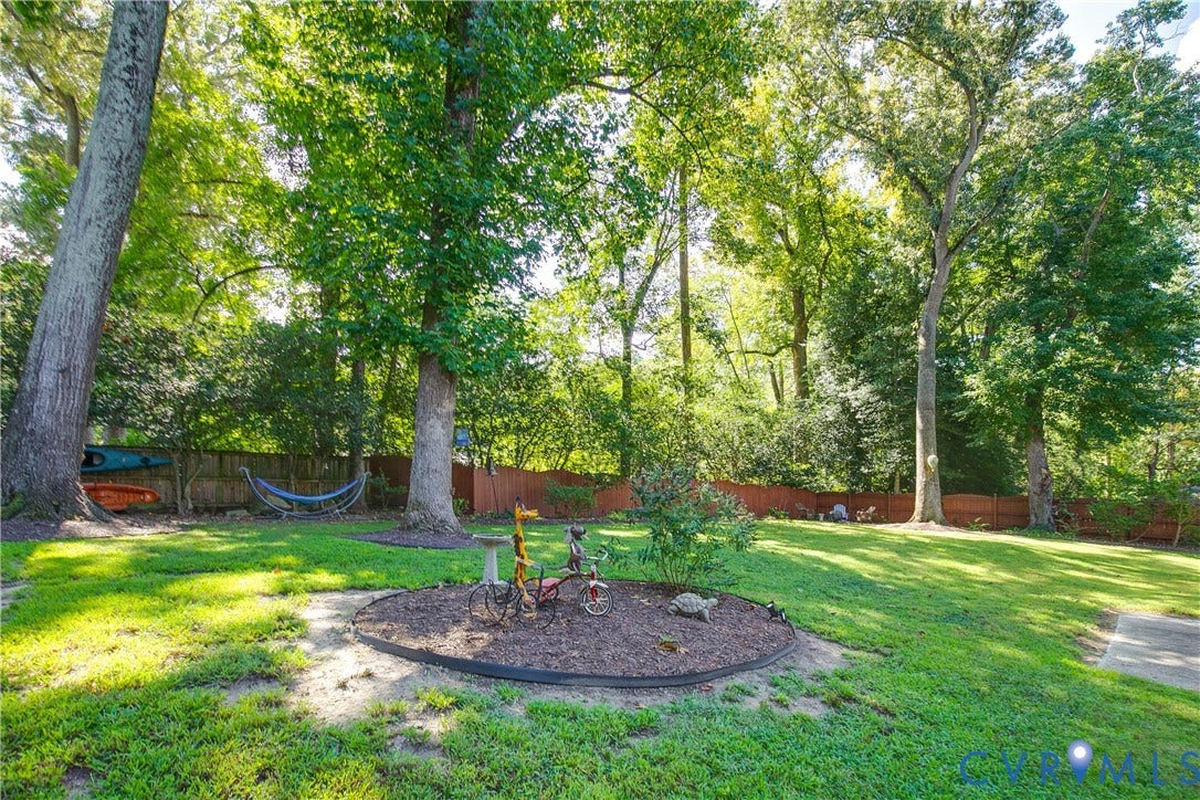 4327 Wakefield Road, Stratford Hills, Richmond, VA 23235 Expansive backyard with a manicured lawn, mature trees, and a wooden privacy fence