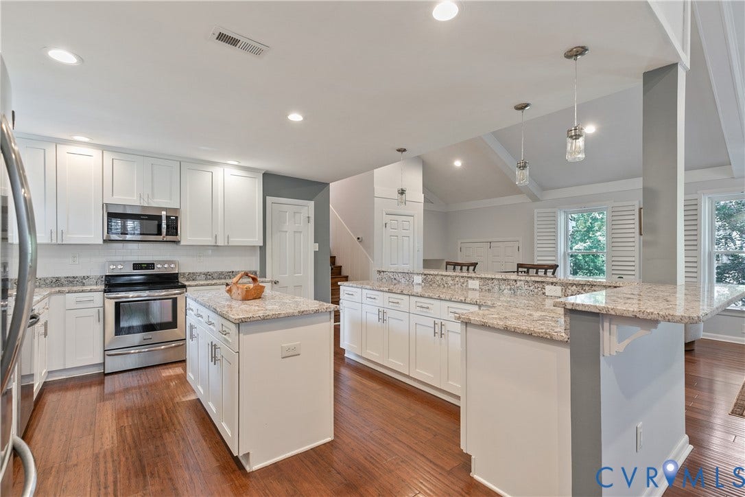 4327 Wakefield Road, Stratford Hills, Richmond, VA 23235 Kitchen featuring stainless steel appliances, white cabinetry, a central island, and stone countertops