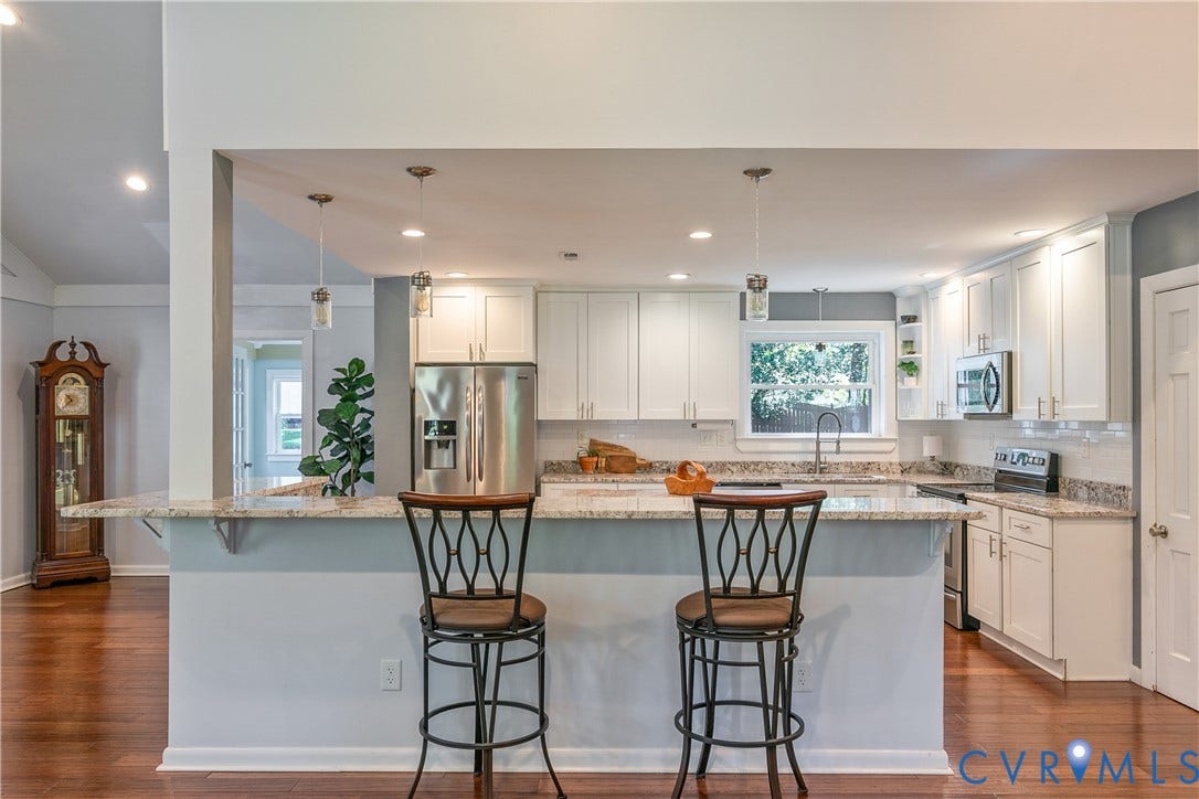 4327 Wakefield Road, Stratford Hills, Richmond, VA 23235 Kitchen featuring white cabinetry, stainless steel appliances, granite countertops, a tile backsplash, and wood-finish flooring