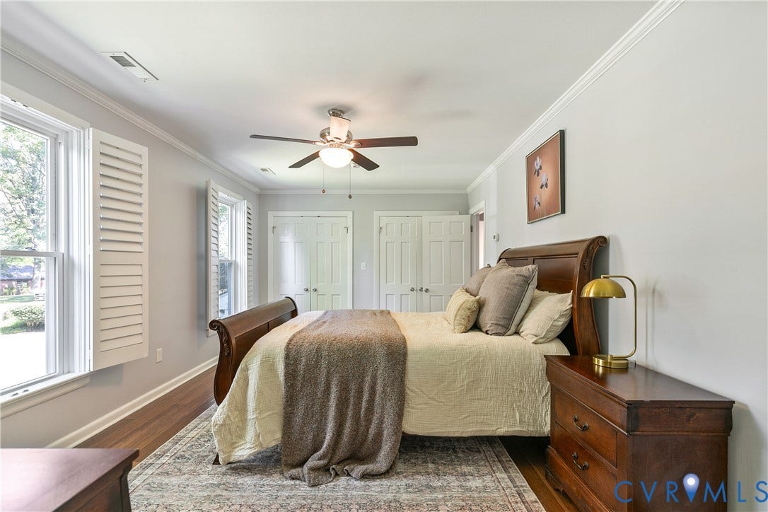 4327 Wakefield Road, Stratford Hills, Richmond, VA 23235 Hardwood-finish flooring, crown molding, double windows with plantation shutters, ceiling fan, and double panel doors