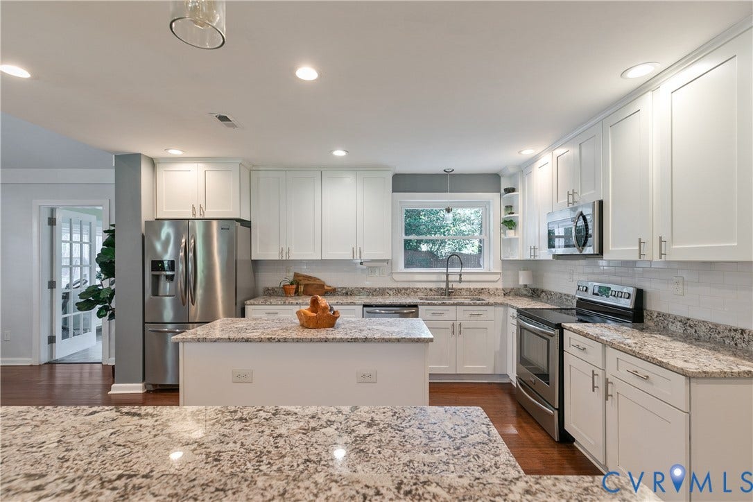 4327 Wakefield Road, Stratford Hills, Richmond, VA 23235 Kitchen featuring white cabinetry, granite countertops, stainless steel appliances, a center island, and wood-finish flooring