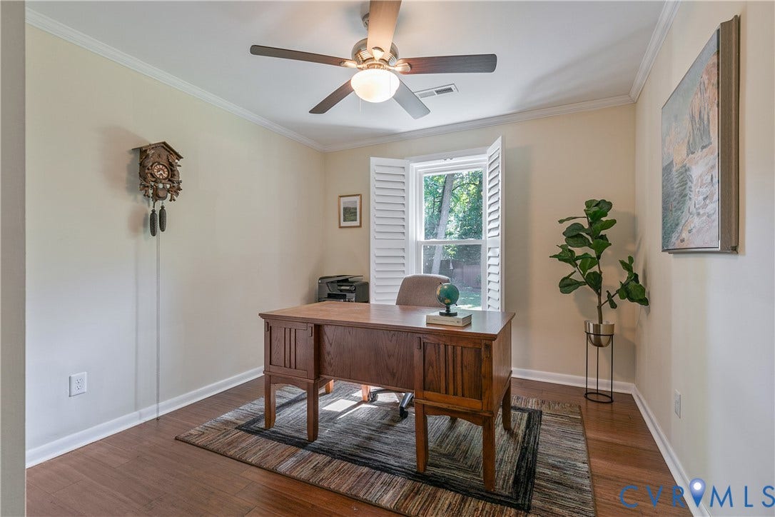 4327 Wakefield Road, Stratford Hills, Richmond, VA 23235 Hardwood-finish flooring, crown molding, ceiling fan with integrated lighting, and window with plantation shutters