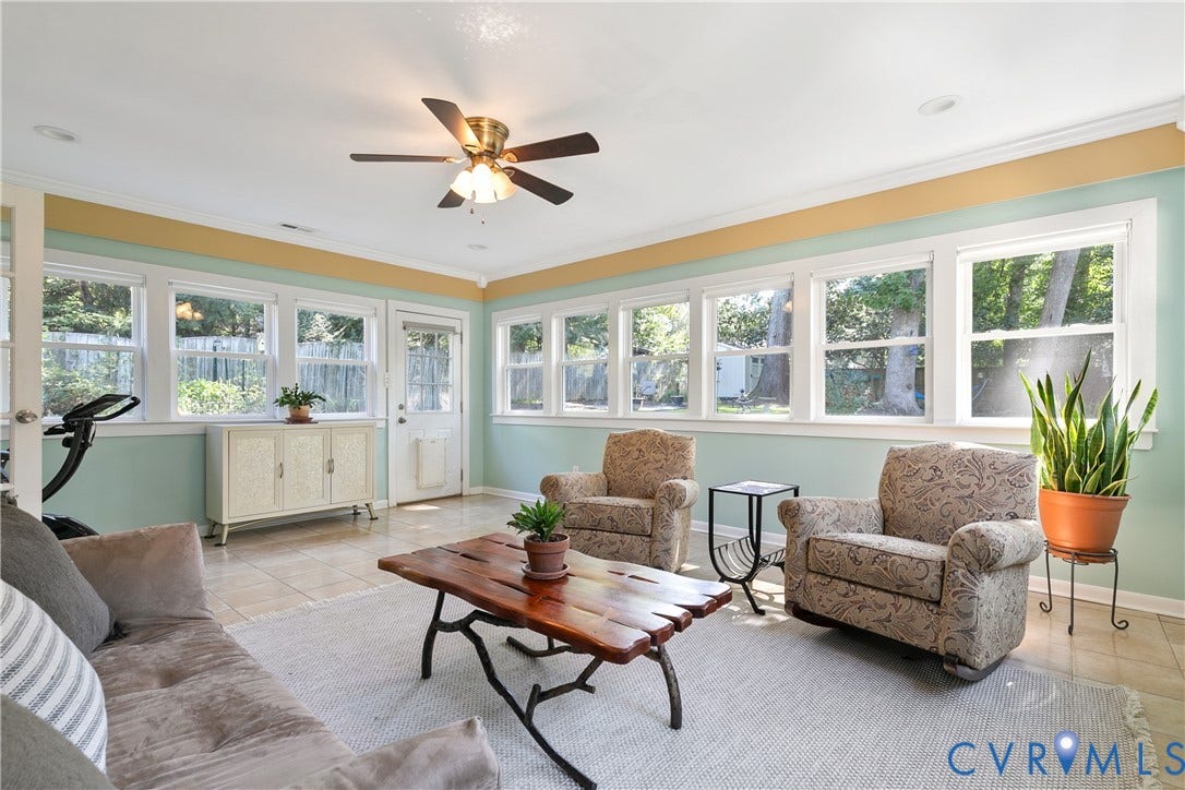 4327 Wakefield Road, Stratford Hills, Richmond, VA 23235 Tile flooring, recessed lighting, ceiling fan, multiple windows, and a glass-paneled door