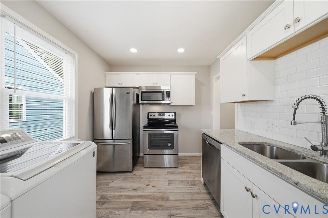 1718 Rogers, Richmond, VA 23223 Kitchen featuring stainless steel appliances, white cabinetry, a dual basin sink, subway tile backsplash, and wood-finish flooring