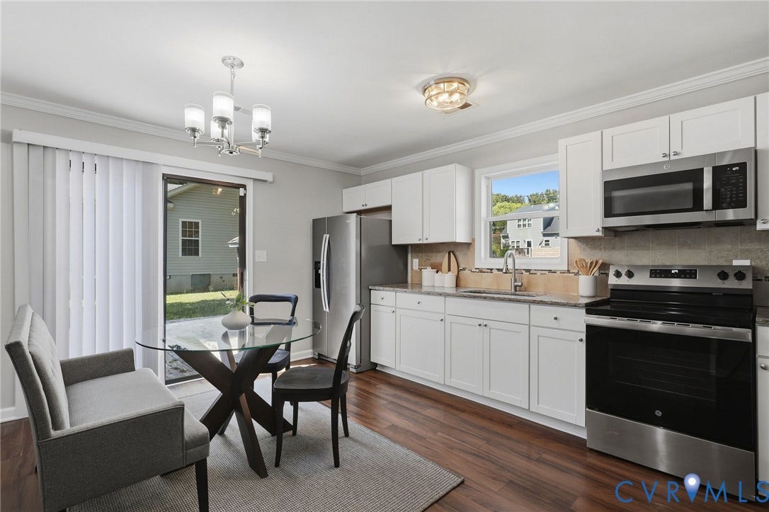 Kitchen featuring white cabinetry, stainless steel appliances, a light-toned backsplash, and wood-finish flooring