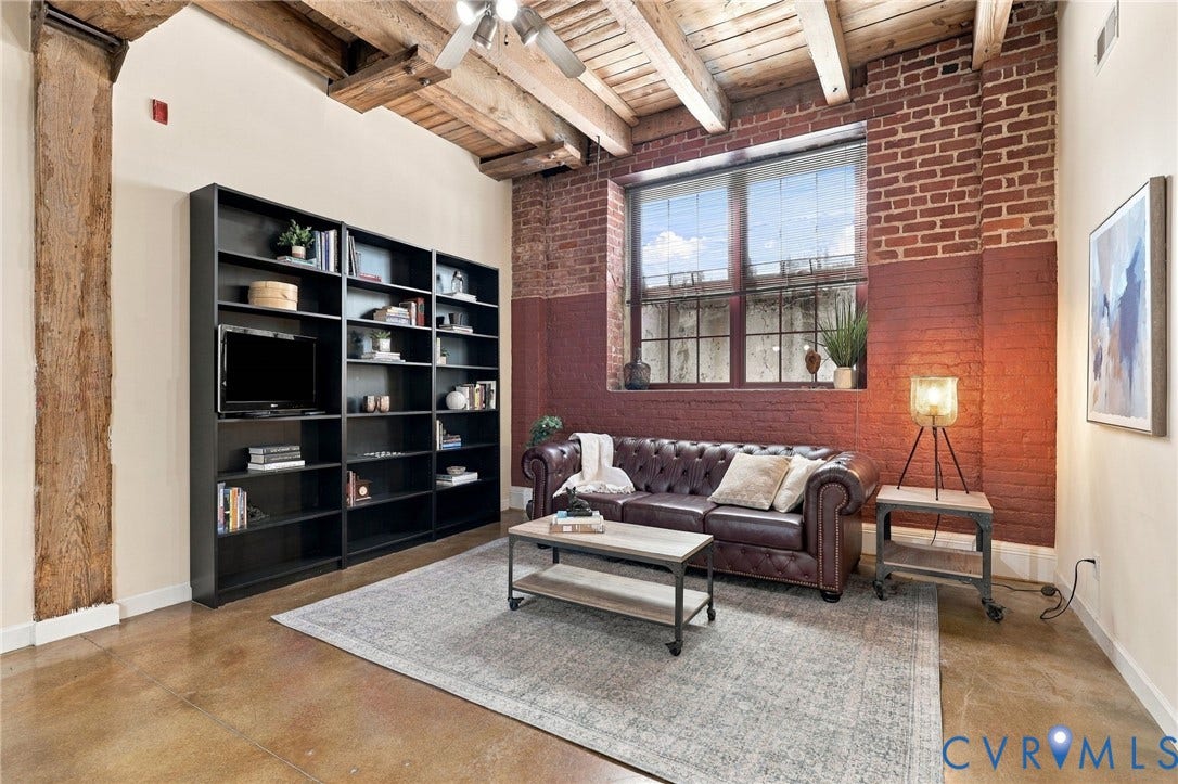 815 Porter Street, #U106, Manchester, Richmond, VA 23224 Exposed wood beam ceiling with new ceiling fan.