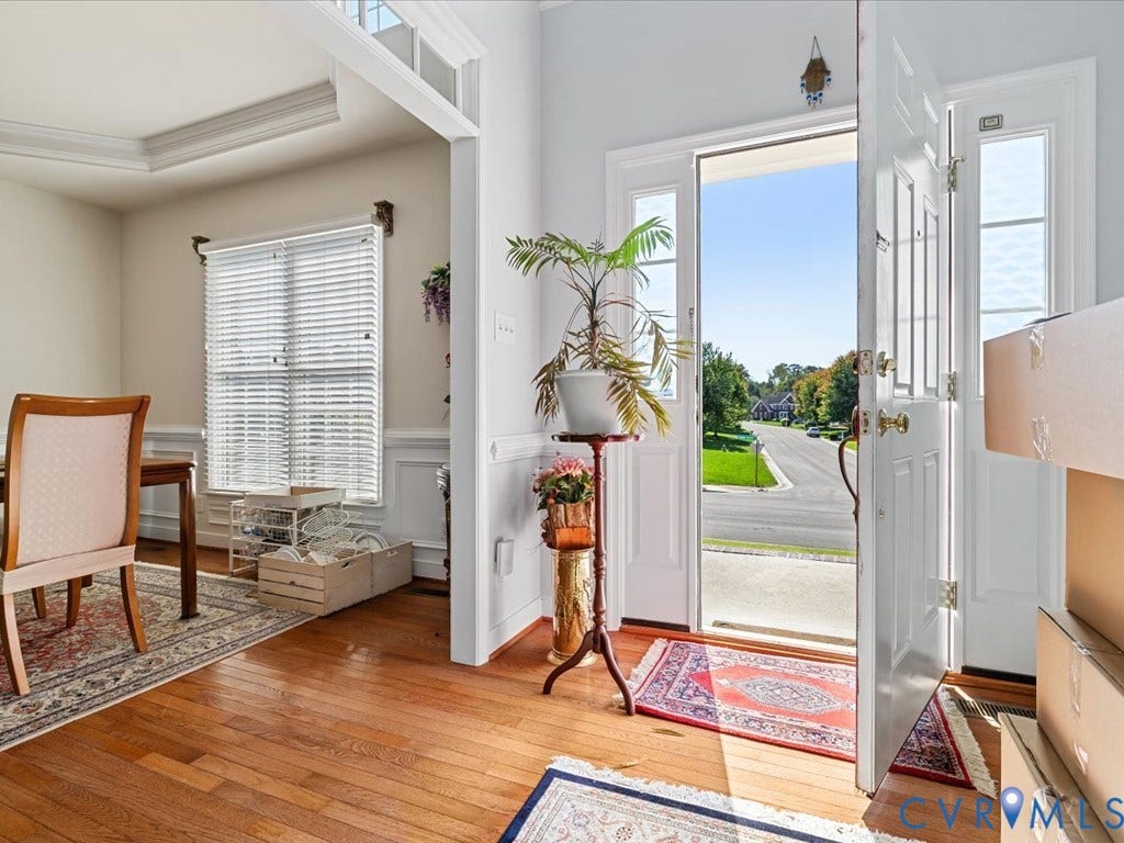 Foyer, dining room and front door