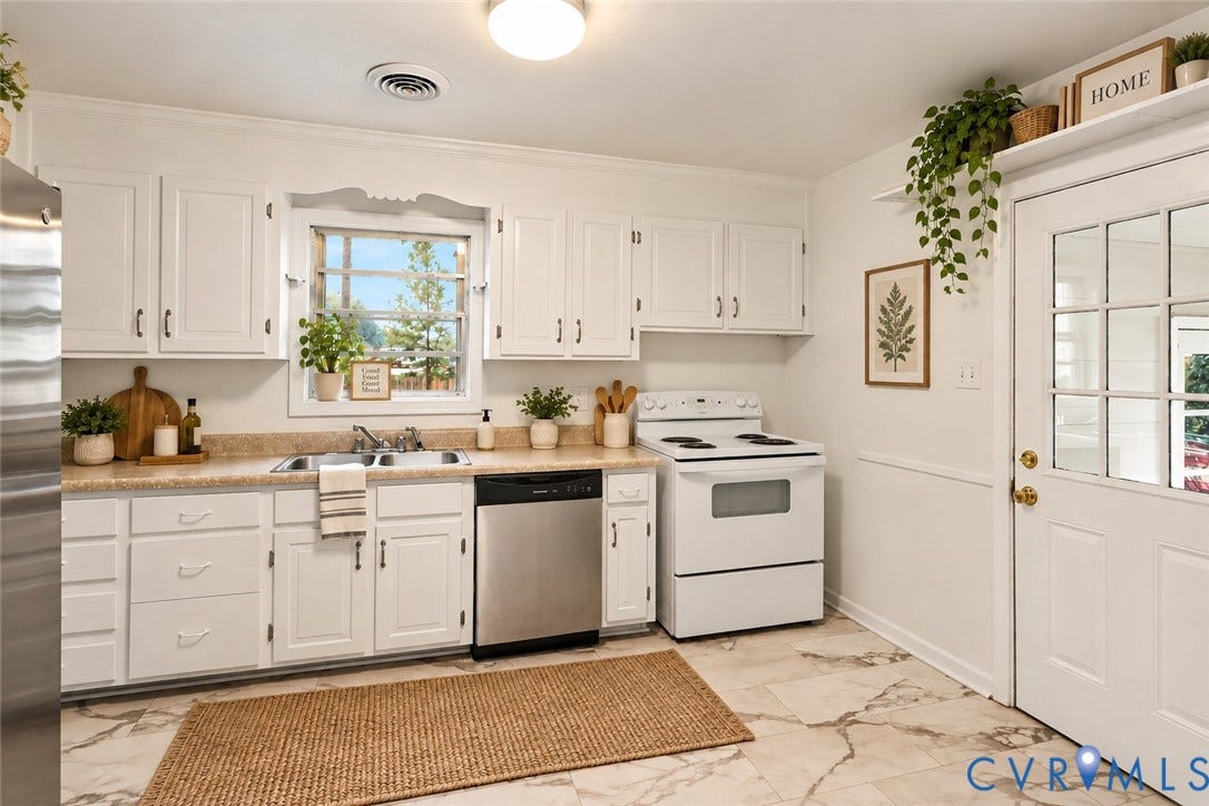 White cabinetry, stainless steel dishwasher, white range, and a glass-paneled door