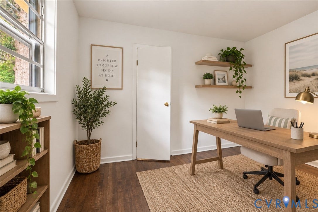 Wood-finish flooring, white walls, and a window with multiple panes