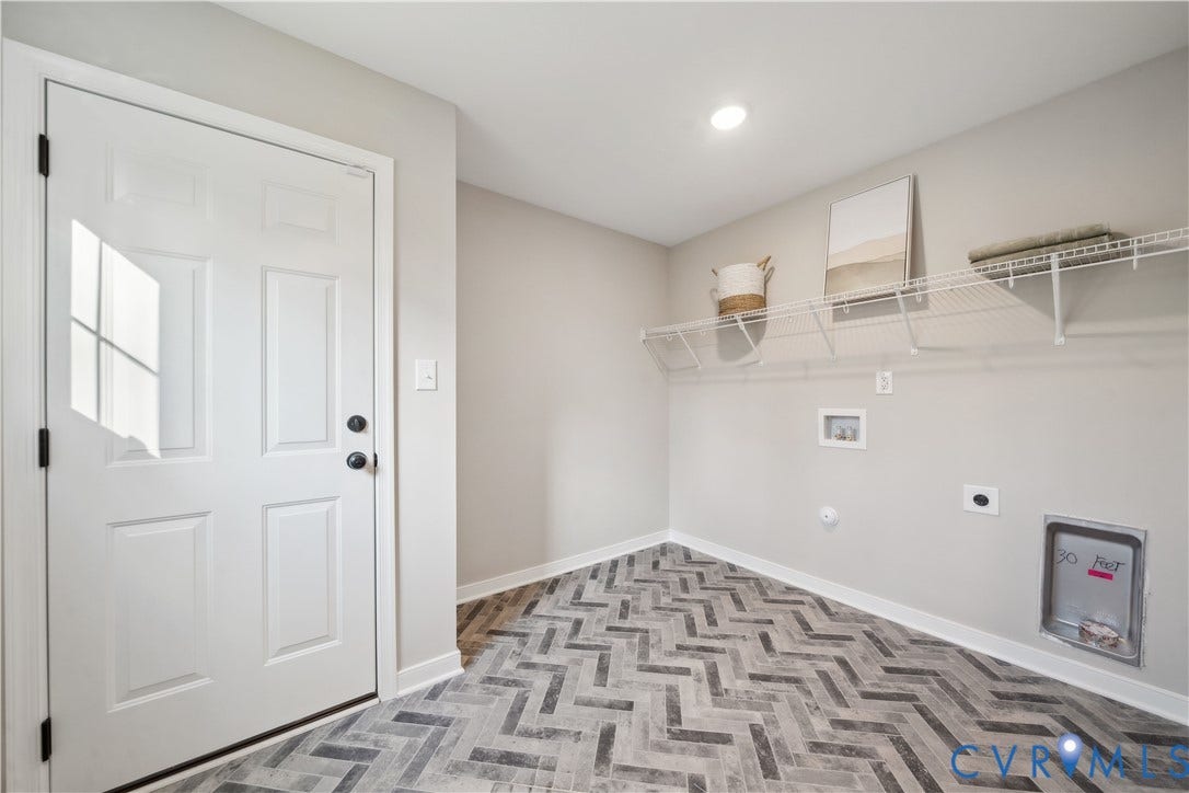 535 Wendenburg Terrace, #MODEL, Kennington, Aylett, VA 23009 Herringbone pattern flooring, white panel door, overhead wire shelving, recessed ceiling lighting