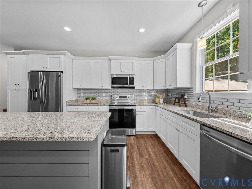5927 Trenholm Village Drive, Trenholm Village, Powhatan, VA 23139 White cabinetry, stainless steel appliances, wood-finish flooring, undermount sink, and granite countertops