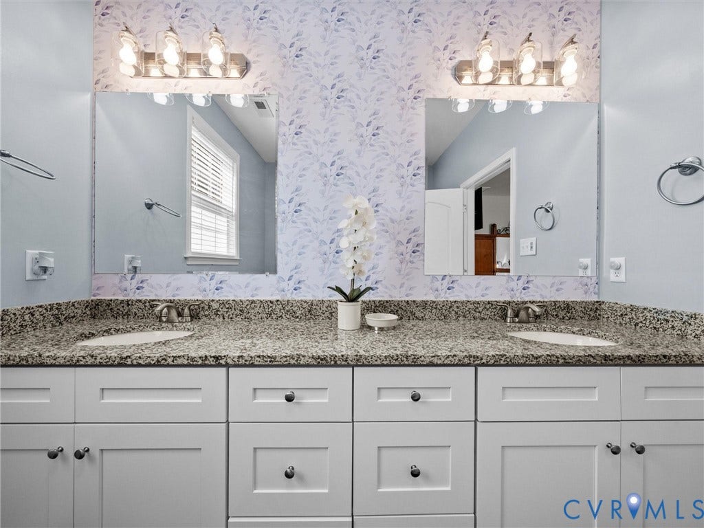 5927 Trenholm Village Drive, Trenholm Village, Powhatan, VA 23139 Dual vanity with white shaker-style cabinetry, undermount sinks, and speckled countertops