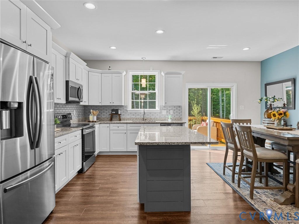 5927 Trenholm Village Drive, Trenholm Village, Powhatan, VA 23139 Kitchen featuring white cabinetry, stainless steel appliances, a center island with countertop seating, wood-finish flooring, and a sliding glass door to exterior