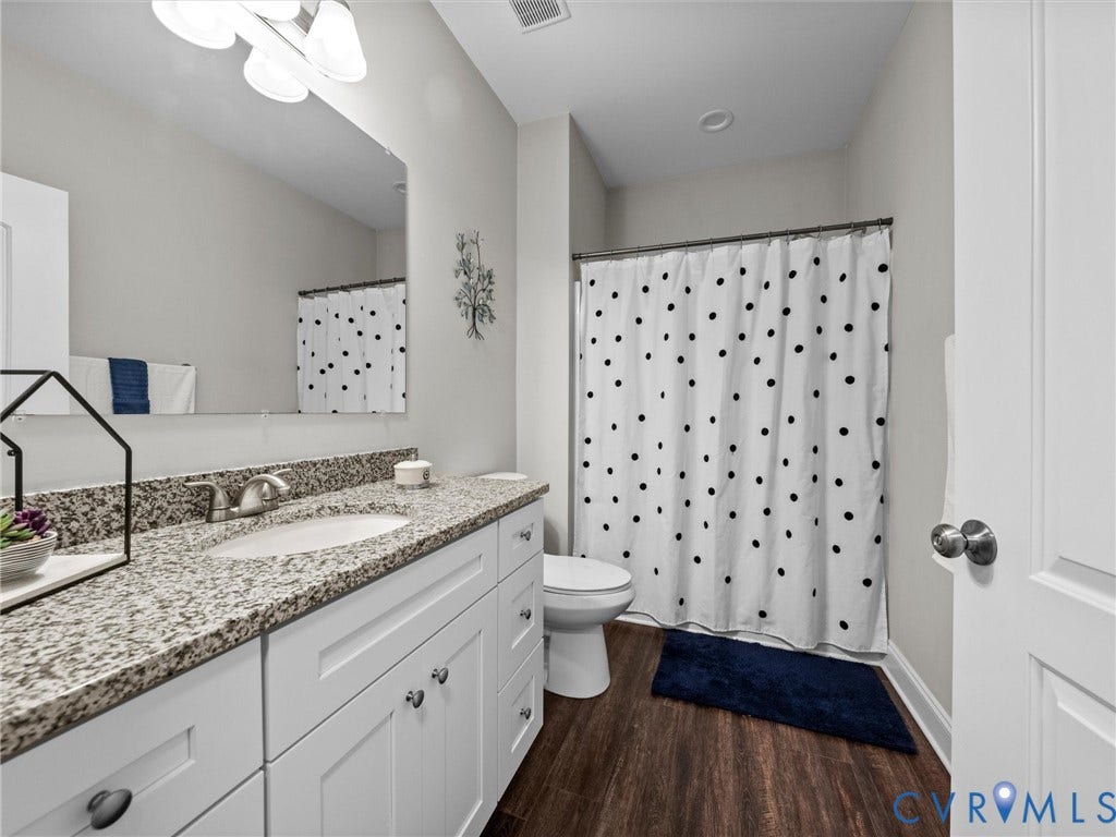 5927 Trenholm Village Drive, Trenholm Village, Powhatan, VA 23139 White shaker-style vanity with a granite-style countertop and undermount sink