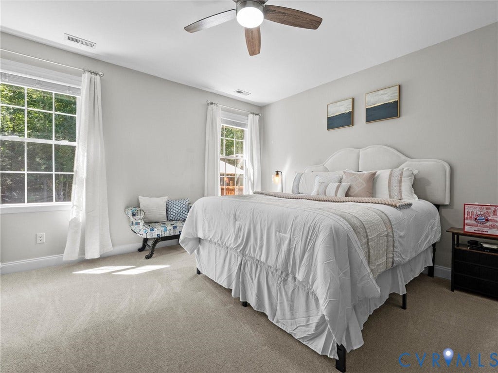 5927 Trenholm Village Drive, Trenholm Village, Powhatan, VA 23139 Recessed lighting, ceiling fan with wood-finish blades, two large windows, and wall-to-wall carpeting