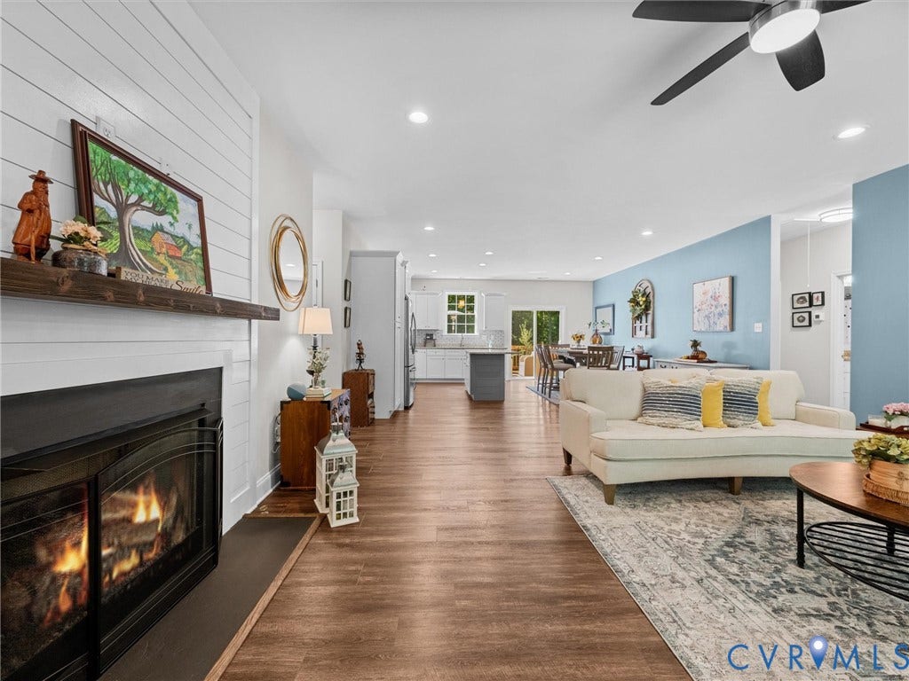 5927 Trenholm Village Drive, Trenholm Village, Powhatan, VA 23139 Fireplace with shiplap-style surround and wood mantel