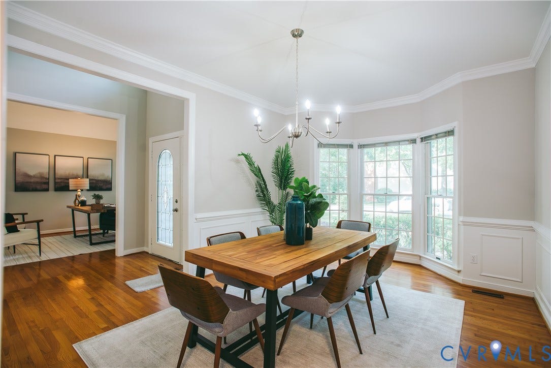 3700 Bremerton Drive, Wellesley, Henrico, VA 23233 Hardwood flooring, bay window with multiple panes, decorative wainscoting, crown molding, and an arched entryway
