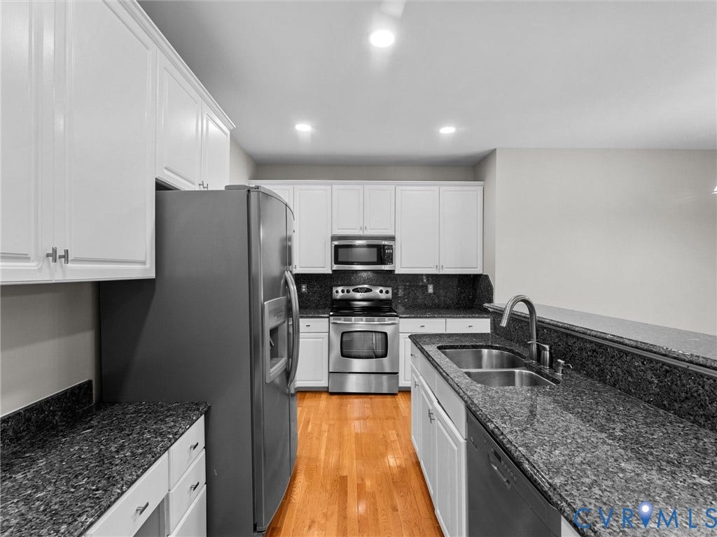 3700 Bremerton Drive, Wellesley, Henrico, VA 23233 Kitchen featuring white cabinetry, dark speckled countertops, stainless steel appliances, and wood-finish flooring