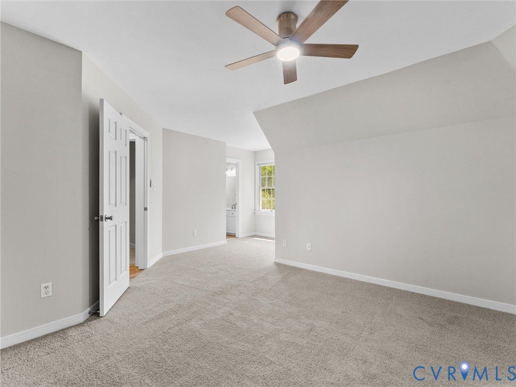 3700 Bremerton Drive, Wellesley, Henrico, VA 23233 Spacious room featuring neutral carpeting, a contemporary ceiling fan with integrated lighting, and a white paneled door