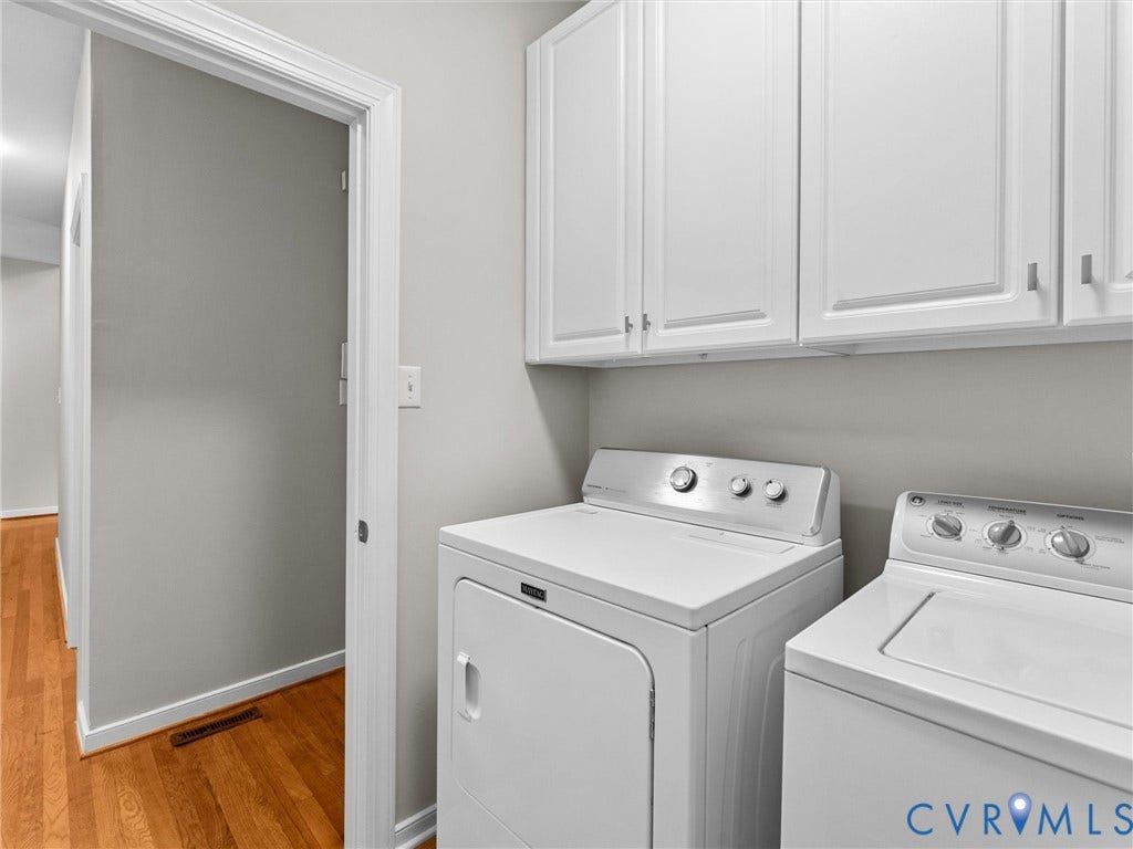 3700 Bremerton Drive, Wellesley, Henrico, VA 23233 Laundry area with white upper cabinetry and wood-finish flooring