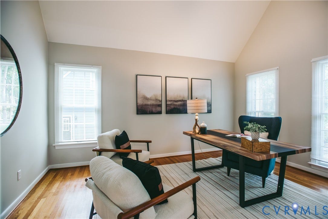 3700 Bremerton Drive, Wellesley, Henrico, VA 23233 Vaulted ceiling with recessed lighting, wood-finish flooring, and multiple windows providing natural light