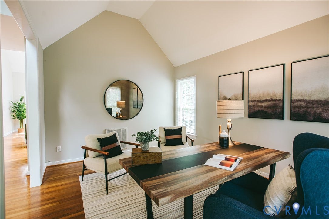 3700 Bremerton Drive, Wellesley, Henrico, VA 23233 Vaulted ceiling, hardwood flooring, natural light through a prominent window, and neutral wall tones