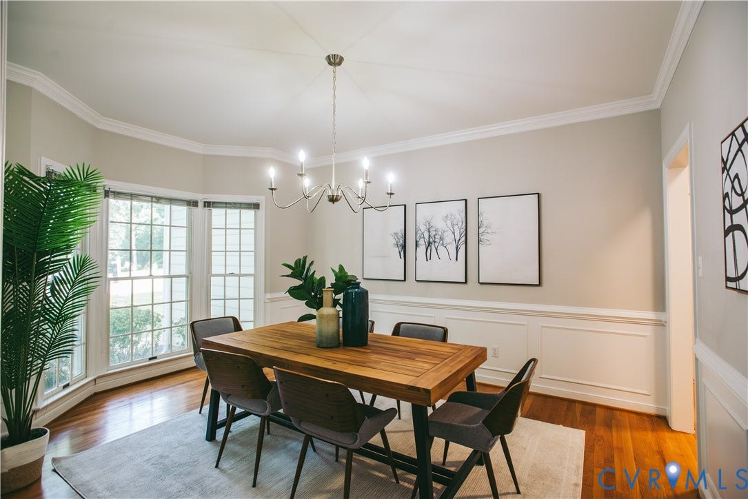3700 Bremerton Drive, Wellesley, Henrico, VA 23233 Bay window with grid-patterned windows, crown molding, wainscoting, hardwood flooring, and a contemporary chandelier
