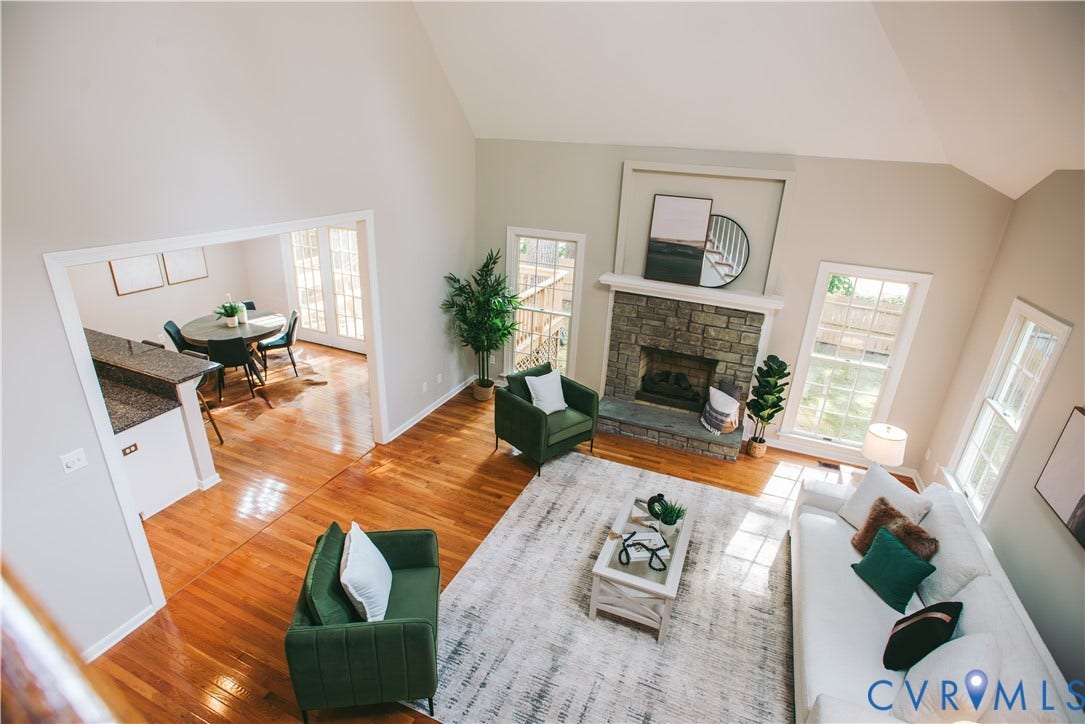 3700 Bremerton Drive, Wellesley, Henrico, VA 23233 High ceilings with exposed beams, wood-finish flooring, stone fireplace, and double French doors