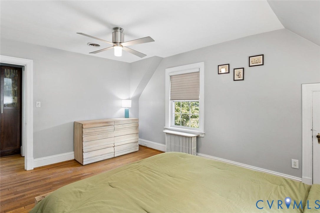 5113 King William Road, Westover Hills, Richmond, VA 23225 Hardwood flooring, sloped ceiling, window with pleated shade, ceiling fan