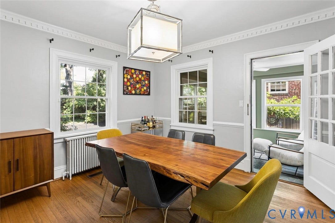 5113 King William Road, Westover Hills, Richmond, VA 23225 Hardwood flooring, crown molding, white trim, square semi-flush mount light fixture, and French doors