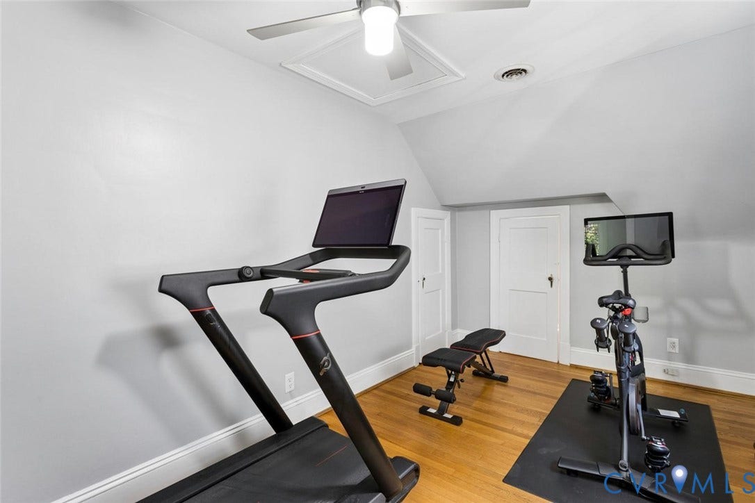 5113 King William Road, Westover Hills, Richmond, VA 23225 Hardwood flooring with a matte finish, sloped ceiling, and a ceiling fan with integrated lighting
