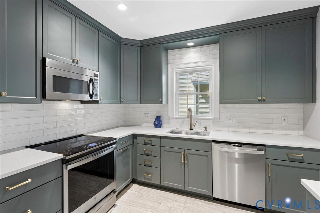 5113 King William Road, Westover Hills, Richmond, VA 23225 Kitchen featuring gray shaker-style cabinetry, white countertops, subway tile backsplash, and stainless steel appliances