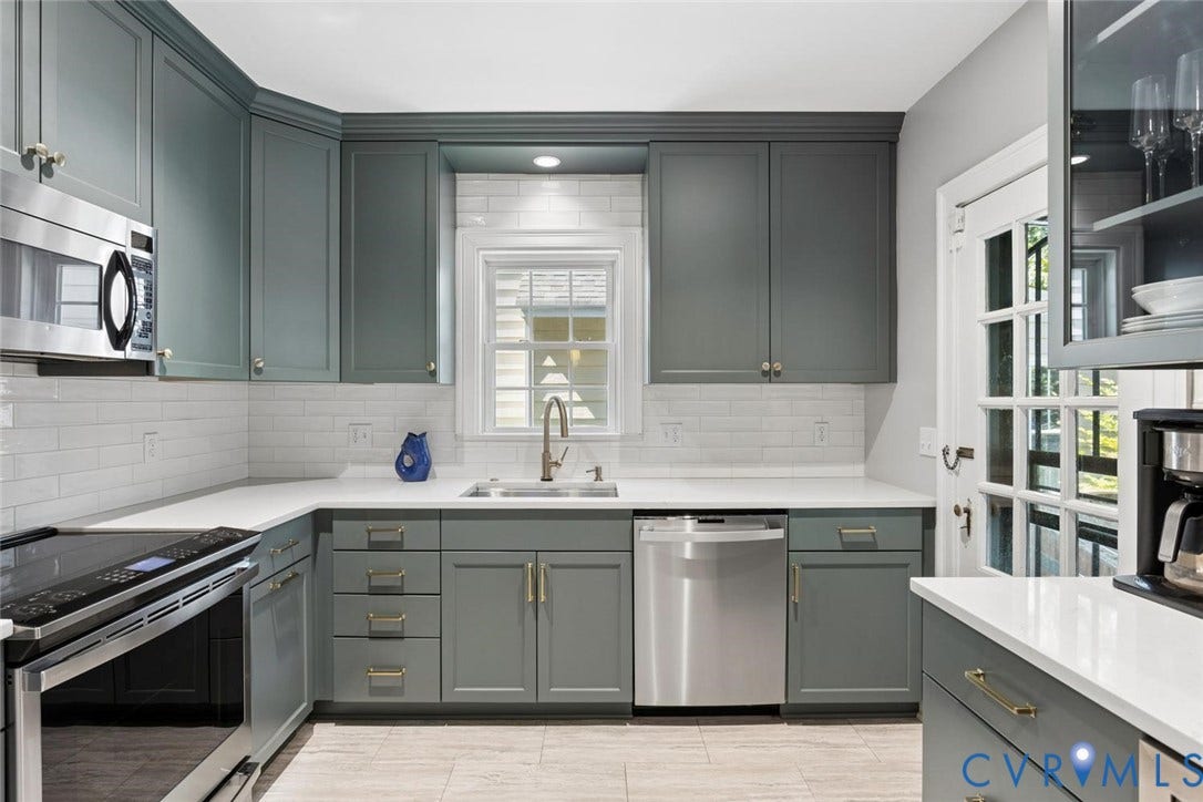 5113 King William Road, Westover Hills, Richmond, VA 23225 Kitchen featuring shaker-style cabinetry, white countertops, subway tile backsplash, and stainless steel appliances