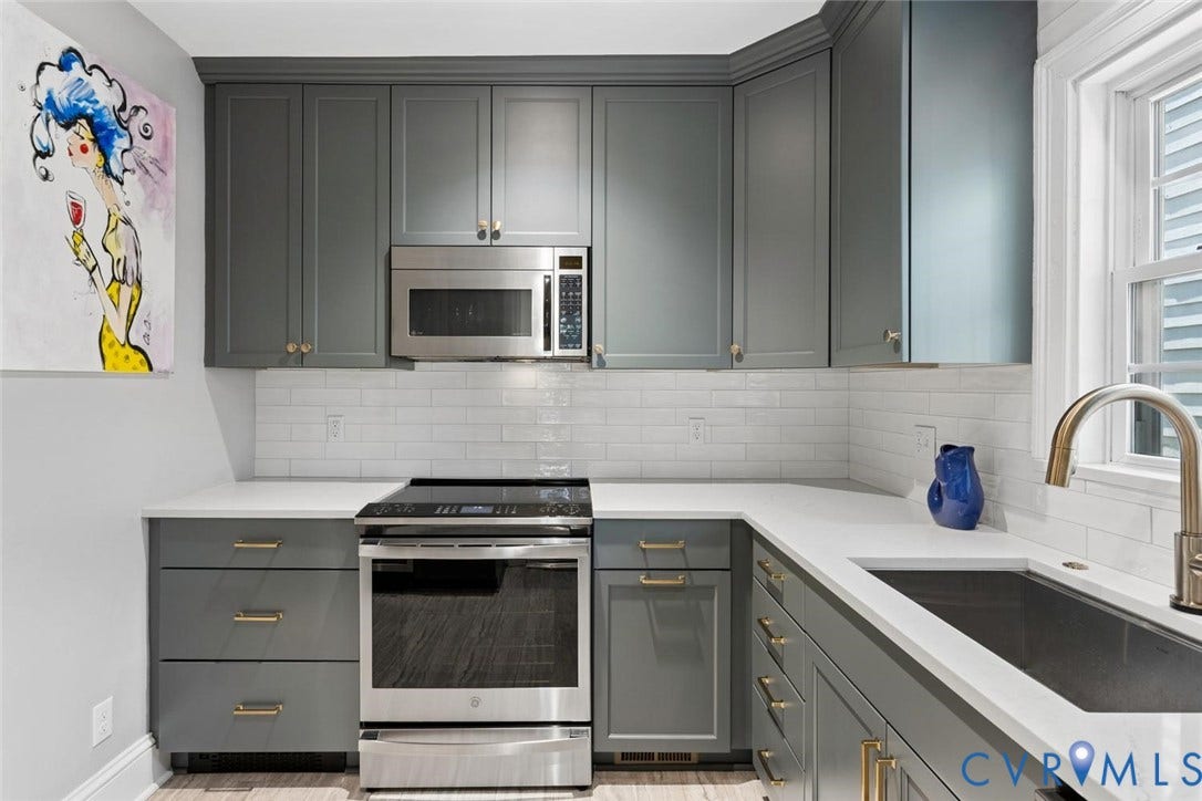 5113 King William Road, Westover Hills, Richmond, VA 23225 Modern kitchen featuring gray cabinetry, white countertops, subway tile backsplash, and stainless steel appliances