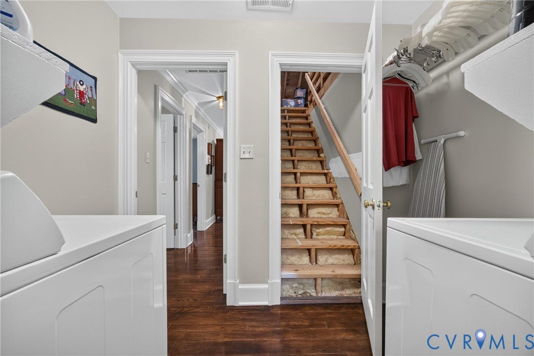 1108 Shallow Well Road, Manakin Sabot, VA 23103 Dedicated laundry area featuring a white appliance, built-in shelving, and a hanging rod