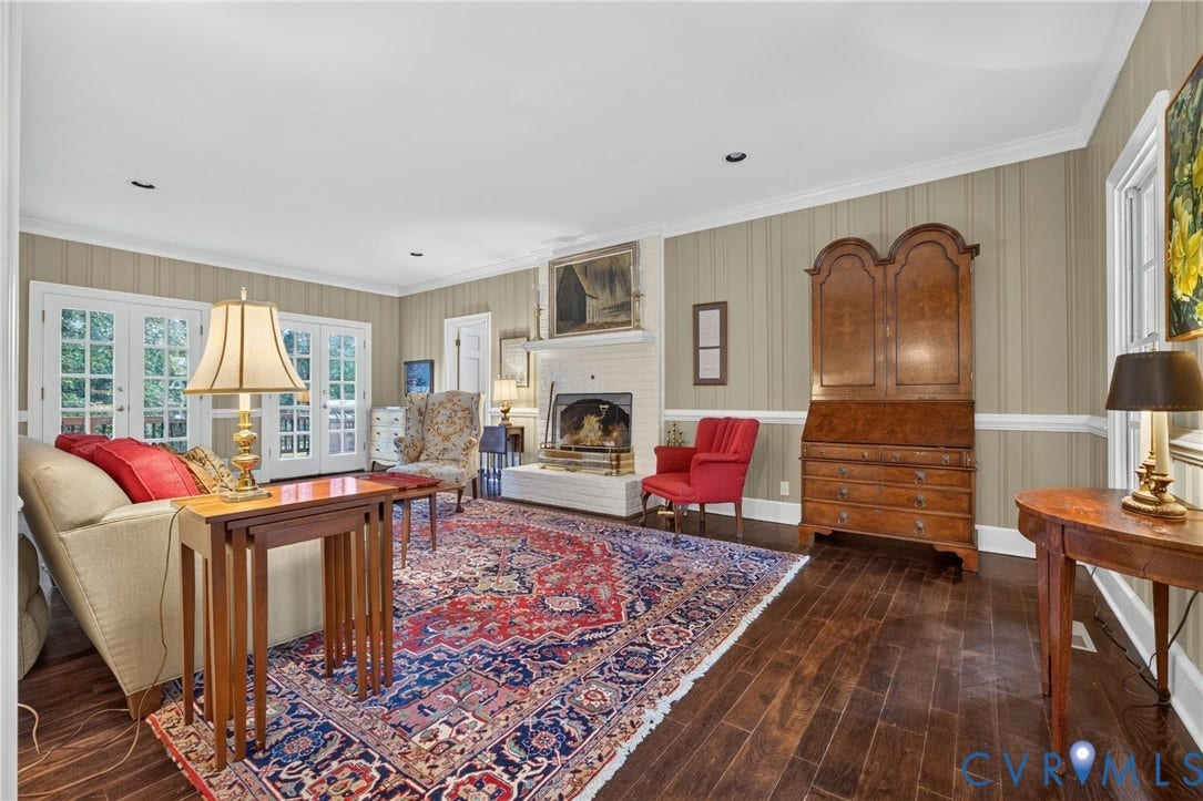 1108 Shallow Well Road, Manakin Sabot, VA 23103 Hardwood flooring, painted brick fireplace, recessed lighting, French doors, and crown molding