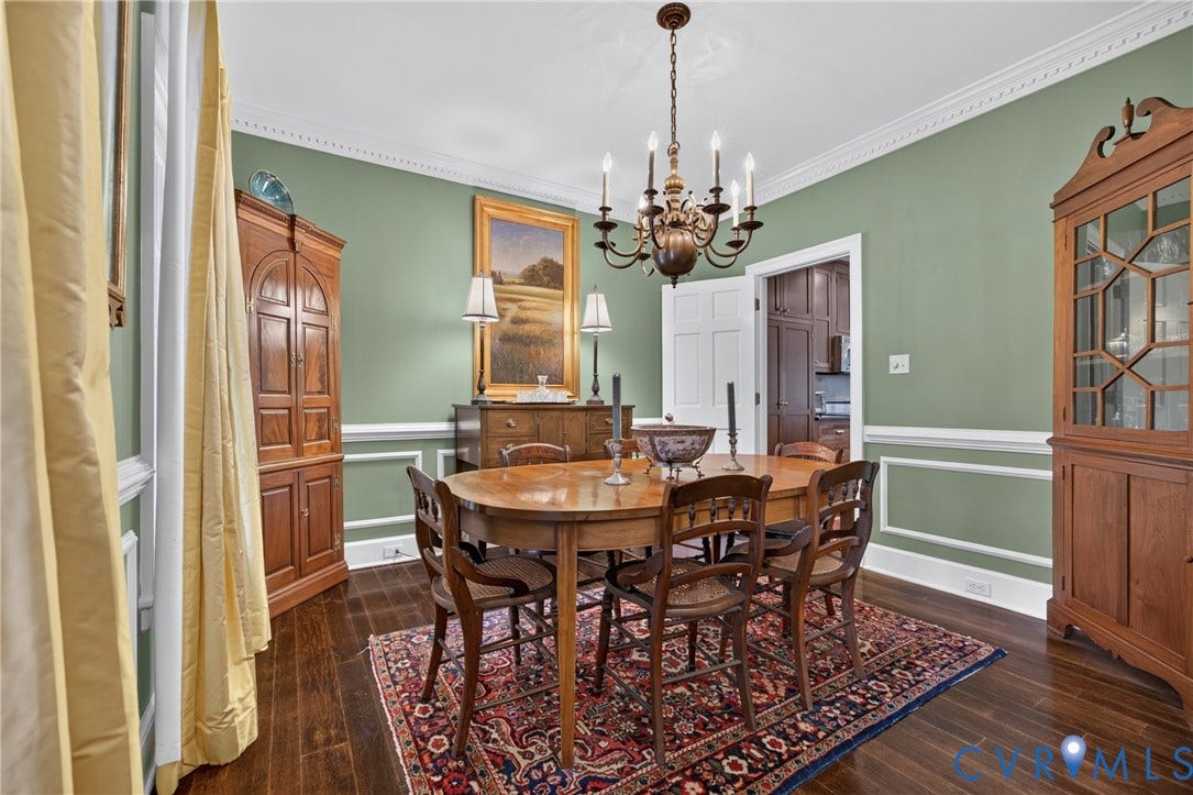 1108 Shallow Well Road, Manakin Sabot, VA 23103 Hardwood flooring, crown molding, chair rail molding, and a chandelier