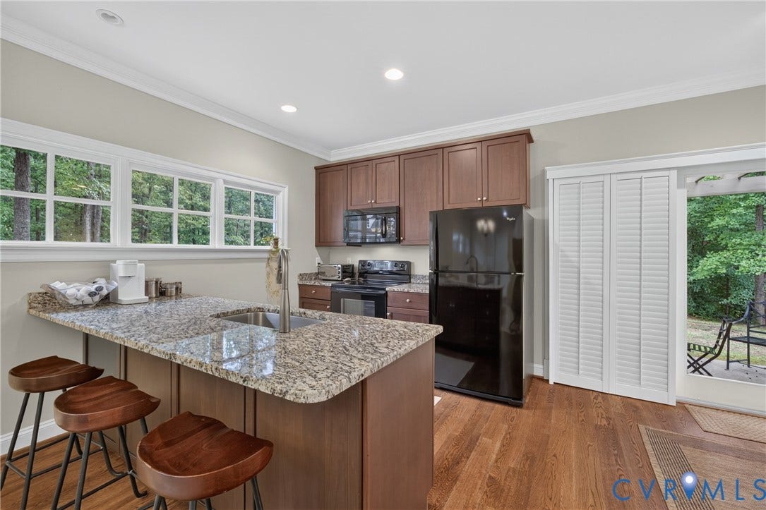 1108 Shallow Well Road, Manakin Sabot, VA 23103 Kitchen featuring wood-finish flooring, granite countertops, wood cabinetry, and a stainless steel sink with a high-arc faucet