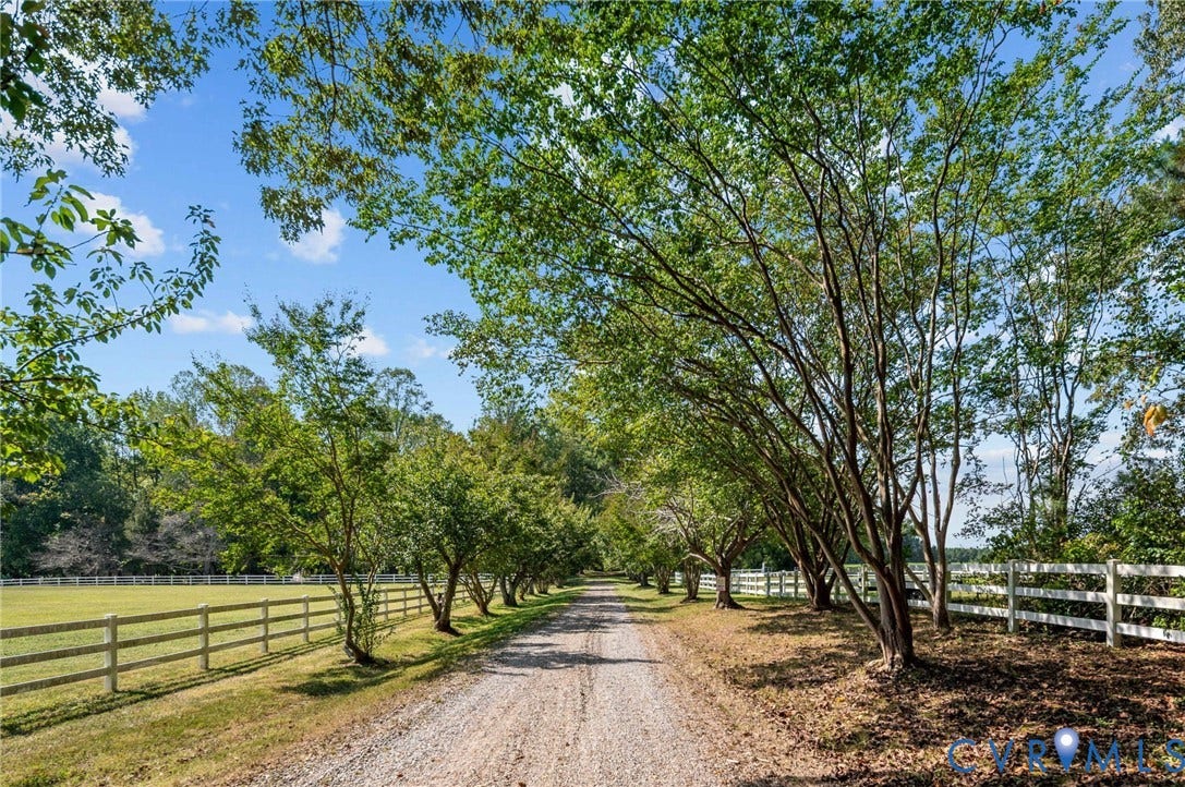 Gravel driveway lined with mature trees and a white split-rail fence