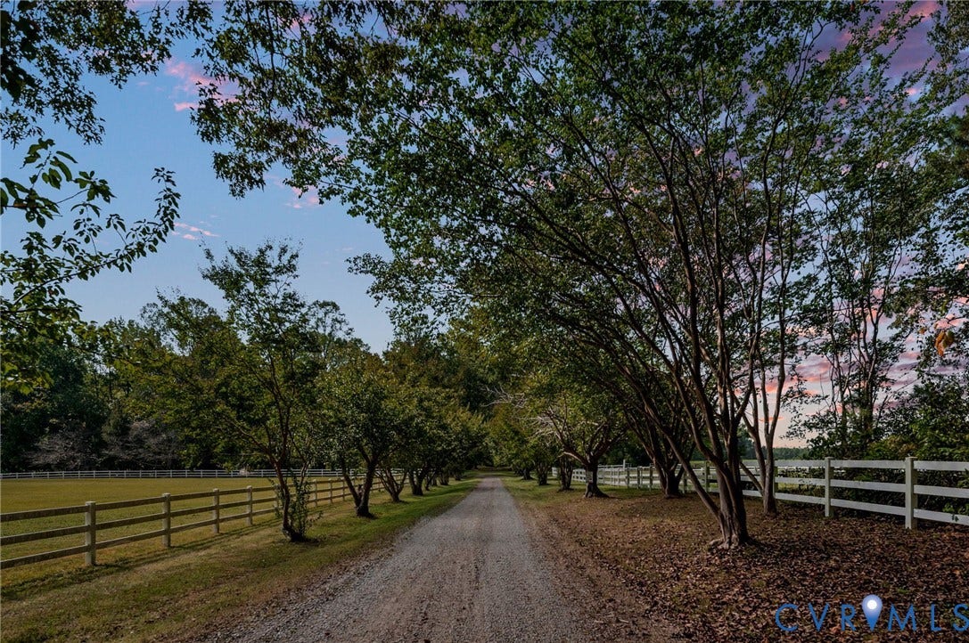 Gravel driveway bordered by mature trees and fencing