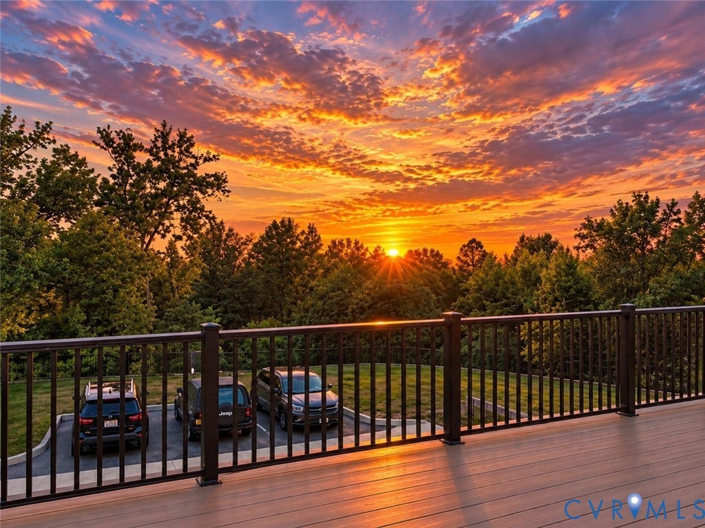 366 Souldren Walk, #A, Short Pump, Henrico, VA 23233 Sunset from your Large balcony, looking over natural setting Wide plank composite decking with dark metal railing