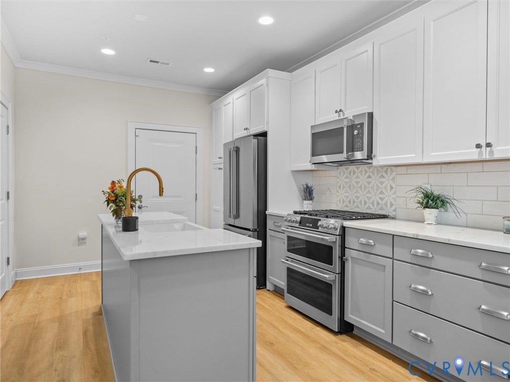 366 Souldren Walk, #A, Short Pump, Henrico, VA 23233 Kitchen featuring a central island with an integrated sink, white upper cabinetry, gray lower cabinetry, and stainless steel appliances