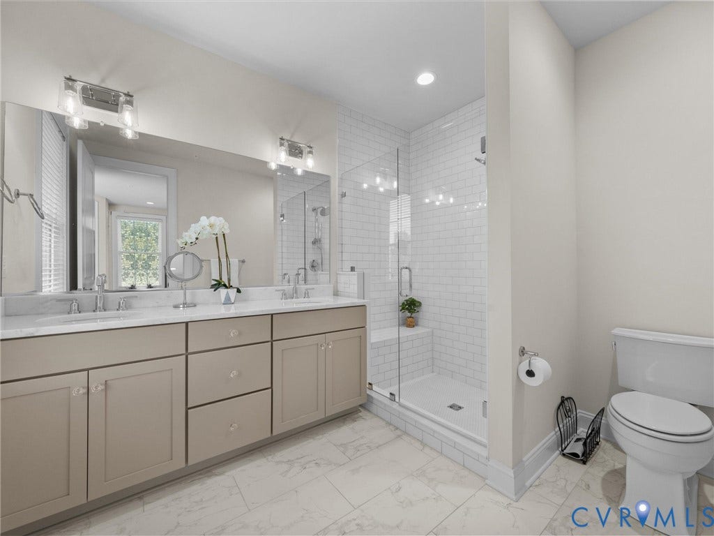 366 Souldren Walk, #A, Short Pump, Henrico, VA 23233 Dual vanity with stone countertop, undermount sinks, and polished chrome fixtures