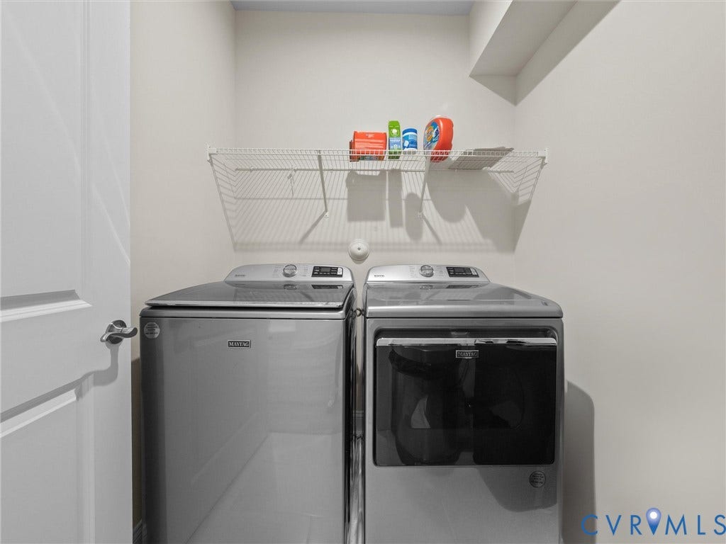 366 Souldren Walk, #A, Short Pump, Henrico, VA 23233 Laundry area with white walls, wire shelving, and a matching washer and dryer set