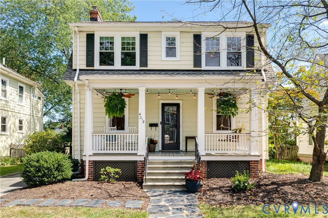 4015 Mount Vernon Street, Bellevue, Richmond, VA 23227 Two-story facade with light-colored siding, black shutters, and a covered front porch