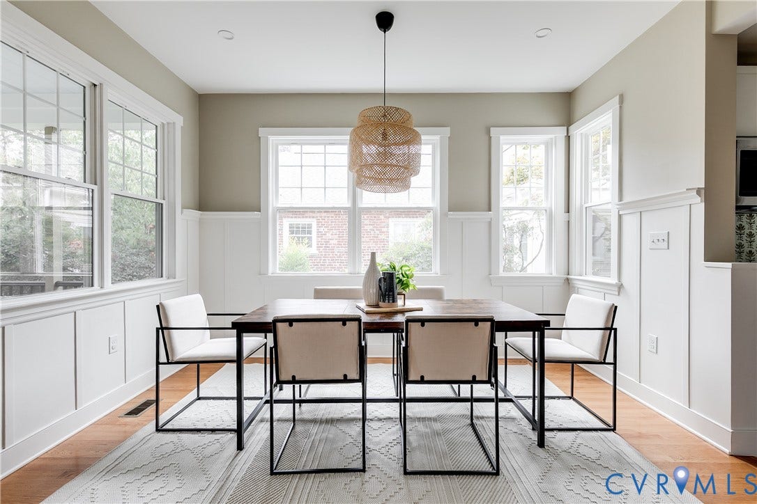 4015 Mount Vernon Street, Bellevue, Richmond, VA 23227 Hardwood flooring, extensive wainscoting, recessed lighting, multiple windows, and a built-in light fixture